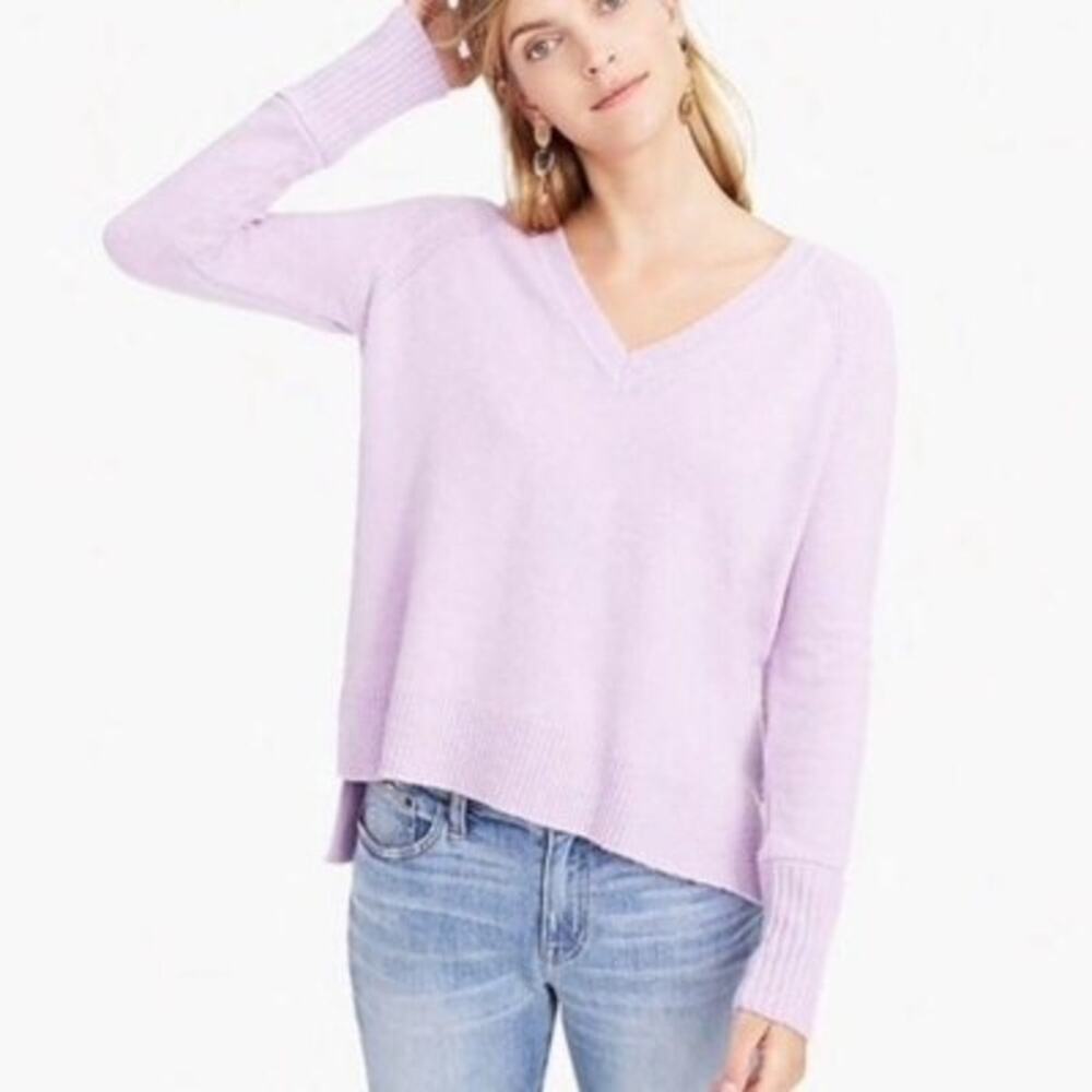 J. Crew Lavender Purple Merino Wool V Neck Sweater Medium Rib Trim Hi Low